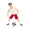 Soccer player dribbles or passes ball in team game, teen sportsman is training