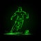 Soccer player dribbling with ball. Vector Football sport green neon illustration.