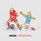 Soccer player hits the ball in the tackle. Vector outline of Soccer players with scribble doodles.