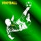 Soccer player in a jump beats the ball with his foot, white silhouette-pattern on a green background,