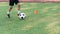 Soccer player kicking ball on field. Soccer players on training session. Close up footballer feet kicking ball on grass.