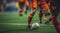 soccer player kicking ball, soccer ball in action, close-up of football player, football scene in the stadium, ball with player