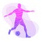 Soccer player kicks the ball. Purple vector illustration