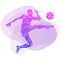 Soccer player kicks the ball. Purple vector illustration