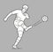 Soccer player man playing football jumping with ball. Vector black illustration on gray