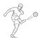 Soccer player man playing football jumping with ball. Vector black illustration on white white background
