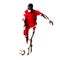 Soccer player in red jersey kicking ball, colorful