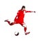 Soccer player in red jersey kicking ball, colorful polygonal vector illustration