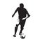 Soccer player running with ball, isolated vector silhouette, front view footballer