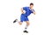 A soccer player running and gesturing silence