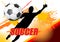 Soccer player save the ball on splatter color on white background