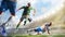 Soccer players in action on the day grand stadium background panorama