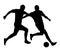 Soccer players in duel vector silhouette illustration isolated on white background. Football player battle for the ball.