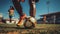 Soccer players engaged in a competitive match on a well-maintained soccer field. The focal point of the image is a football,