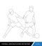 The soccer players fighting for the ball. Outline silhouettes, vector illustration. Football players in action.