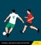 The soccer players fighting for the ball. Vector illustration. Football players in action. One player tries to take the ball from