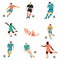 Soccer Players Set, Male Footballer Characters in Sports Uniform Playing in Different Positions Vector Illustration
