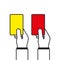 Soccer referees hand with red and yellow card