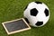 Soccer sports ball with game strategy drawing blackboard on grass background