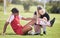 Soccer, sports and injury of a female player suffering with sore leg, foot or ankle on the field. Painful, hurt and