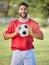 Soccer, sports and man on a field for a game, training or competition. Portrait of a young, happy and excited athlete