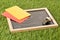 Soccer sports referee chrome whistle with game strategy drawing blackboard and yellow and red referee cards on grass background