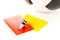 Soccer sports referee yellow and red cards and whistle with soccer ball on white background