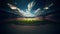 Soccer stadium with empty playground and tribunes. Illustration. Fish eye filter. Wide angle. AI Generative. concept of sport,