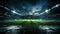 A soccer stadium filled with green grass and fans at night, in the style of dark gray and light cyan. Generative AI