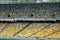 Soccer stadium inside view. football field, empty stands, a crowd of fans, a roof against the sky