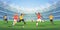 Soccer stadium players. Football match, athletes fighting, kicking ball, dynamic poses of people, different colors
