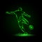 Soccer striker, back view. Football player hits the ball in the dark. Vector Soccer sport green neon illustration.