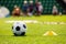 Soccer Training Equipment on a Sports Field. Football Ball and Pylon Disc Cones on a Grass Pitch