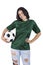 Soccer woman fan with ball in hands