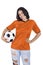 Soccer woman fan with ball in hands