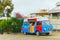 SOCHI,RUSSIA, 18 APRIL 2019-  bright red and blue retro food truck with coffee on wheels on street