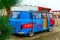 SOCHI,RUSSIA, 18 APRIL 2019-  bright red and blue retro food truck with coffee on wheels on street