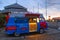 SOCHI,RUSSIA, 23 APRIL 2019-  bright red and blue retro food truck with coffee on wheels on street