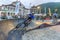 Sochi, Russia - July 11, 2015: Sportsmen bikers on outdoor pump track at Gorky Gorod mountain resort. Bike riders run pursuit race