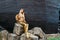 SOCHI, RUSSIA - June 5, 2018: living statue young woman mermaid painted in gold