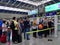 Sochi, Russia - June 6. 2018. queue to registration desks of airline Pobeda in international airport Adler