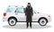 Social concept. Arab man standing near the car in traditional islamic clothes. Detailed illustration of automobile and saudi
