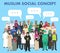 Social concept. Group muslim arabic people professions occupation standing together and speech bubble in different suit