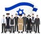 Social concept. Group senior jewish people standing together in different traditional national clothes on background with Israel