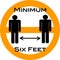 Social Distance Caution and alert orange circle with horizontal slash sign. Six Feet minimum in US measurement