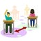 Social distance at schools for classmates with a red arrow and elements on white isolated background, vector illustration for