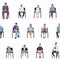 Social distancing of adults and children sitting on chairs and waiting in the queue seamless pattern