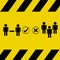 Social distancing concept comparison: Two people black on bright yellow warning color icon vector separating people for public hea