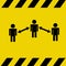 Social distancing concept: Three people black on bright yellow warning color icon vector with arrow