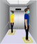 Social distancing in an elevator. Office employees are maintain social distance in lift and elevator for prevention of covid 19
